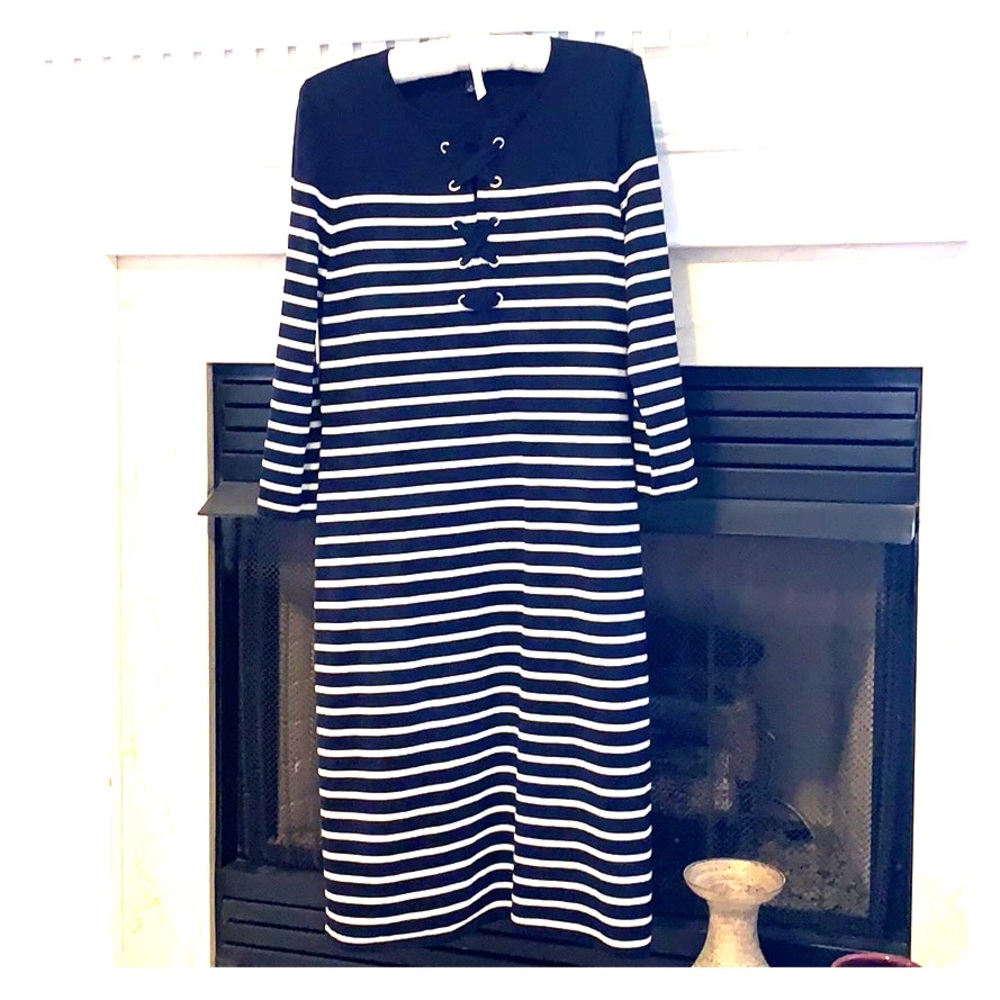 Navy Blue, White Striped Dress - Talbots